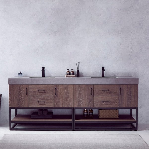 Alistair Double Sink Bathroom Vanity in North Carolina Oak with Grey Composite Integral Square Sink Top 84" Black