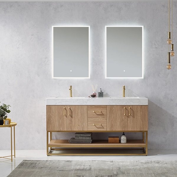 Alistair Double Vanity in North American Oak with White Grain Stone Countertop 60"- with mirror
