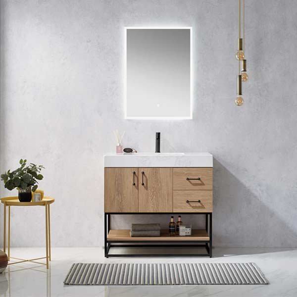 Alistair Single Vanity in North American Oak with White Grain Stone Countertop 36B"