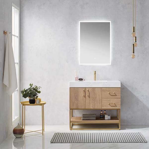 Alistair Single Vanity in North American Oak with White Grain Stone Countertop 36"