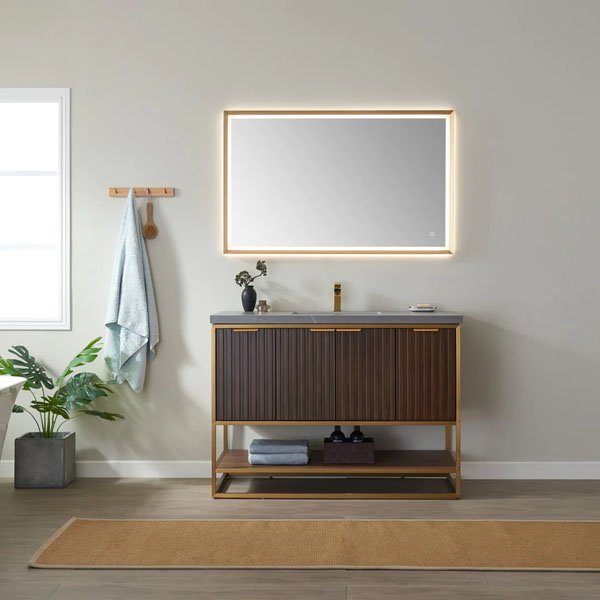 Donostia Vanity in Walnut with Grey Composite Armani limestone board stone countertop 48"