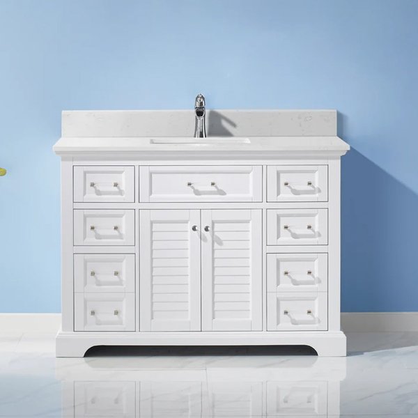 Lorna 48 Single Vanity in White and Composite Carrara White Stone Countertop - white-finish