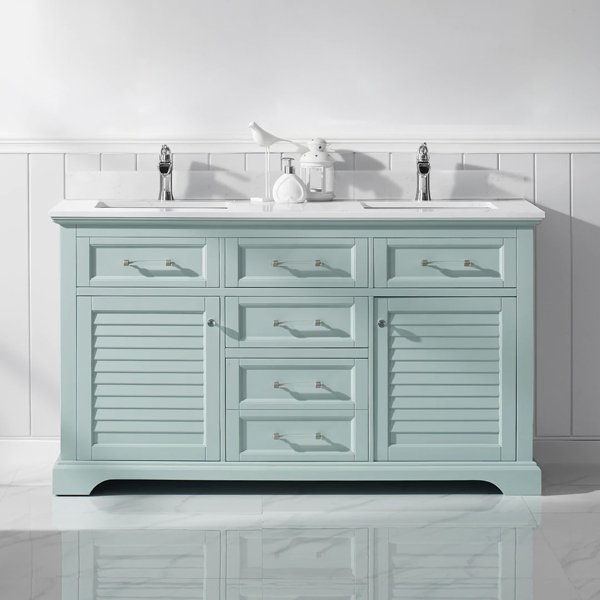 Lorna 60 Double Vanity in Finnish Green and Composite Carrara White Stone Countertop - green-finish