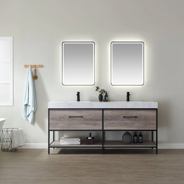 Palma Vanity in Mexican Oak with White Composite Grain Stone Countertop and Basin with Top - 72