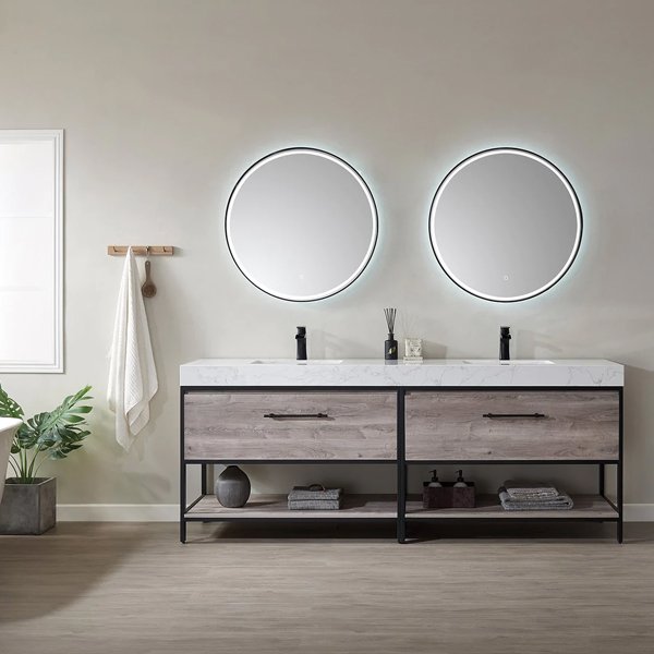 Palma Vanity in Mexican Oak with White Composite Grain Stone Countertop and Basin with Top - 84